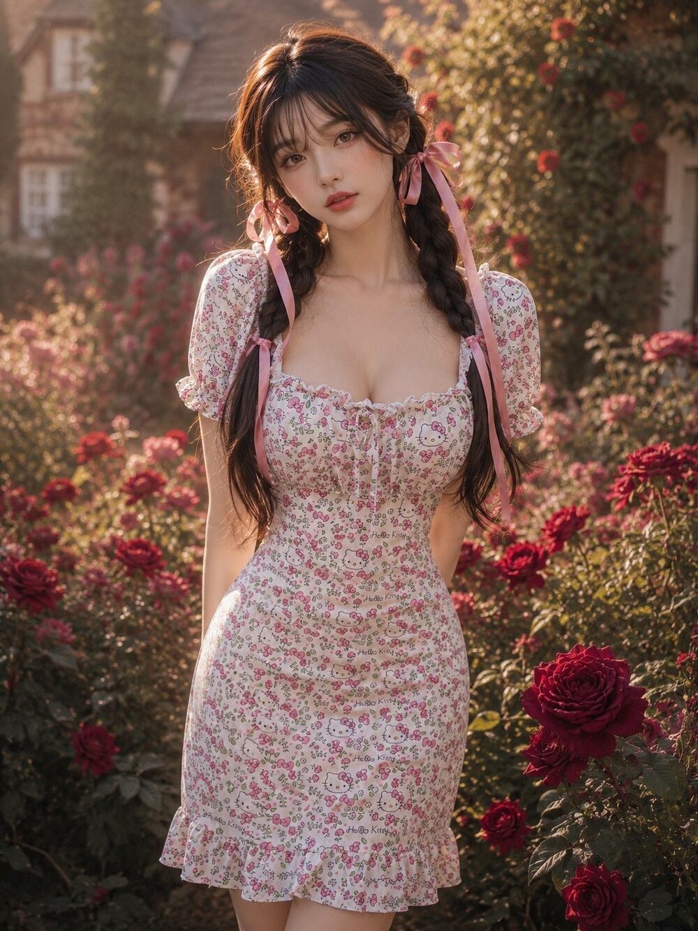 Hello Kitty flirty Kawaii cosplay puff sleeve sweetheart cottagecore dress